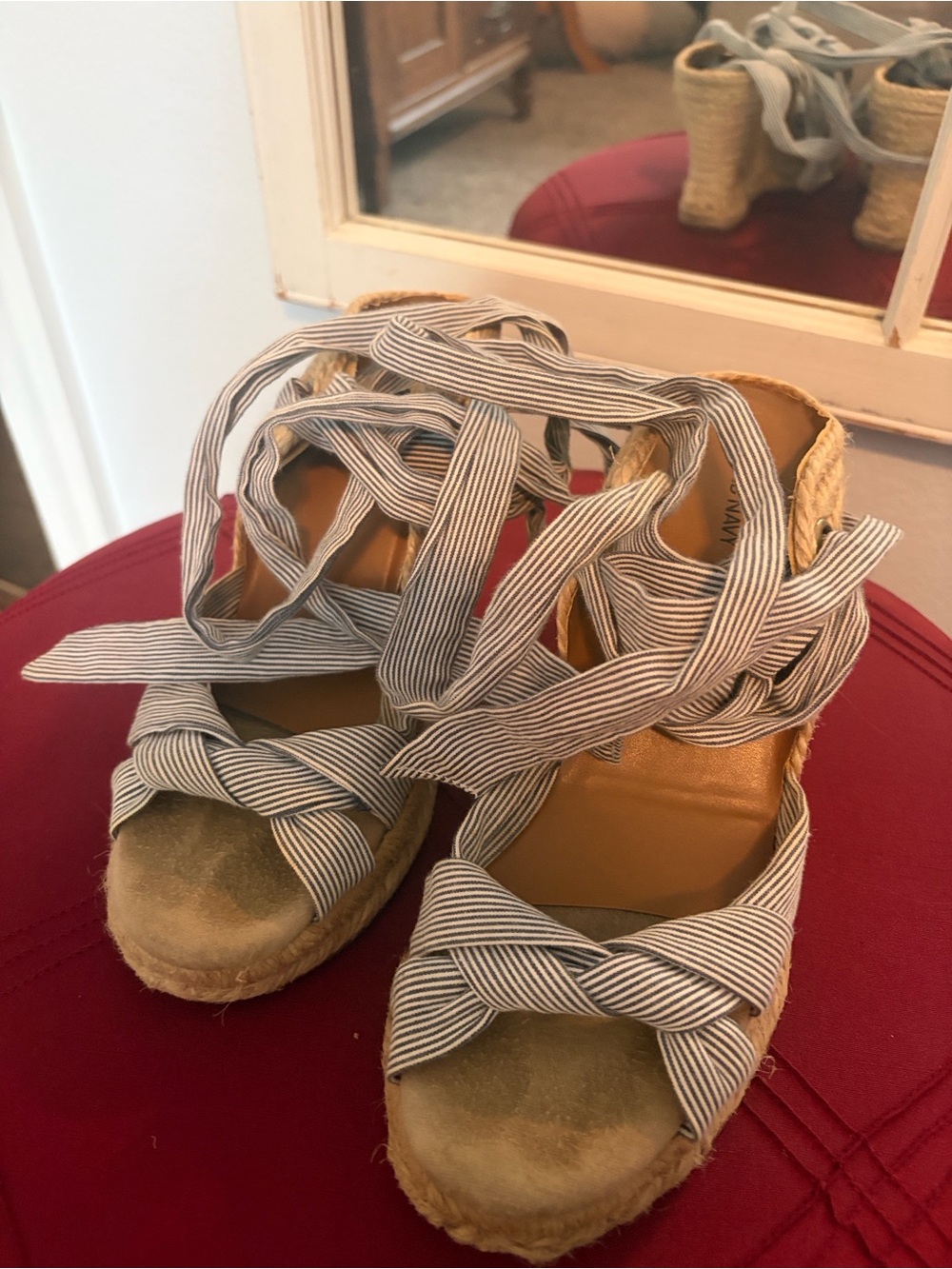 Old Navy Striped blue & white Wrap Espadrille Wedge Sandals